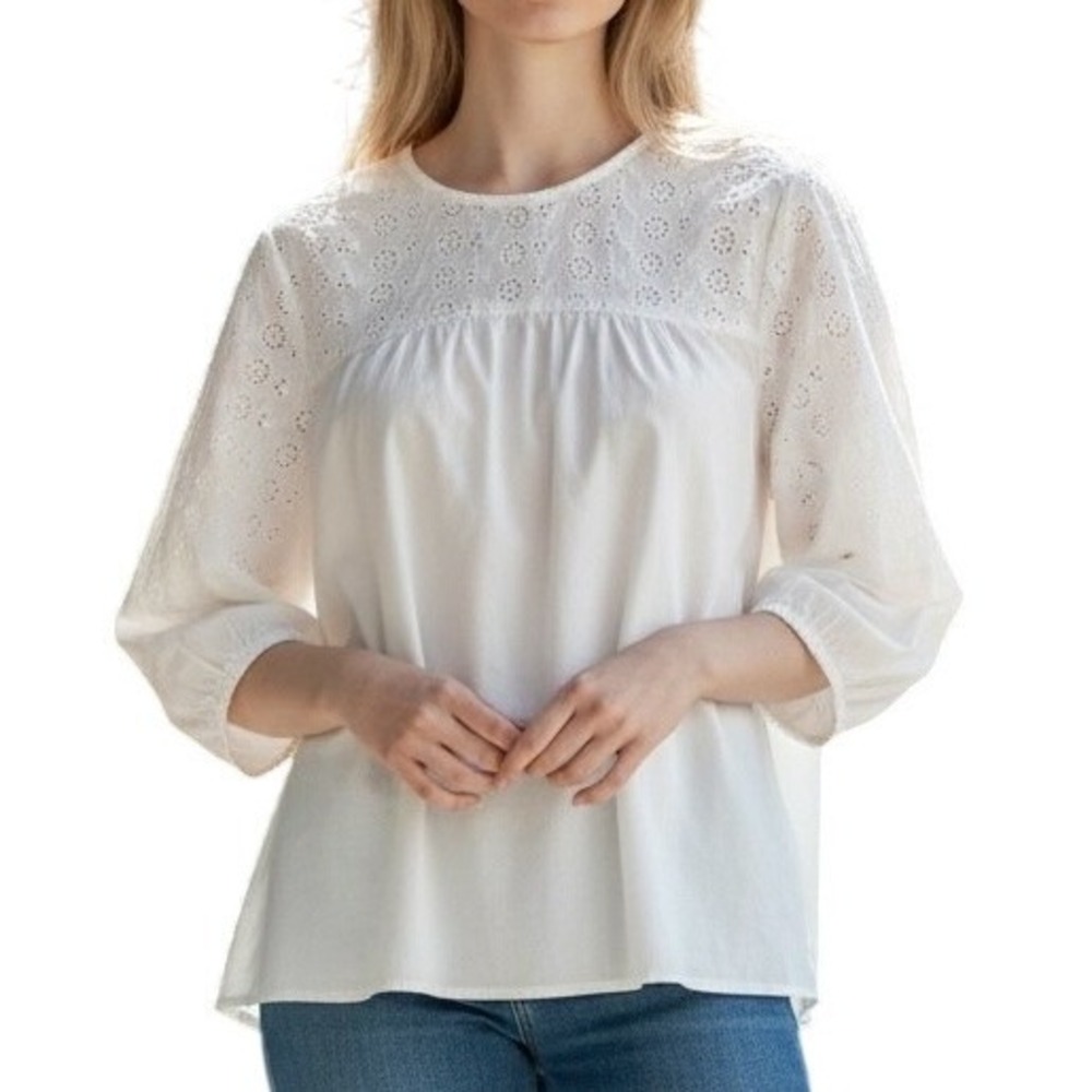 J.Jill Eyelet Embroidered Blouse Womens‎ S White Cotton 3/4 Sleeve Boho Peasant
